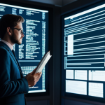 A thoughtful professional, possibly a writer or researcher, in a modest business suit, interacting with abstract holographic data projections representing AI algorithms and complex literary narratives. The scene is set in a minimalist, high-tech library or a quiet study room, with soft, ambient lighting illuminating digital screens displaying complex code and classical texts. safe for work, appropriate content, fully clothed, professional, modest, family-friendly, perfect anatomy, correct proportions, natural pose, well-formed hands, proper finger count, natural body proportions, professional photography, high quality.