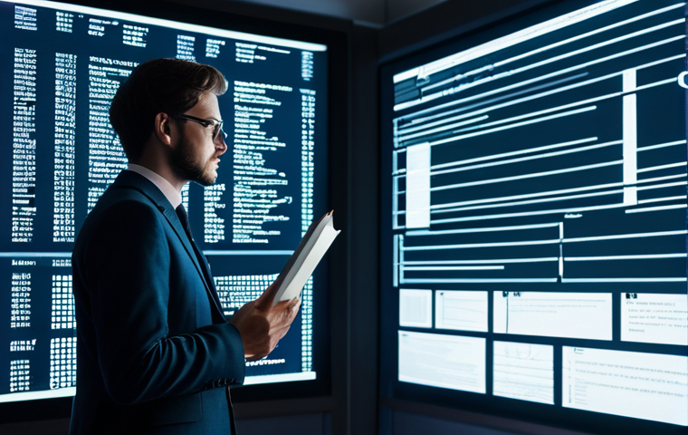 A thoughtful professional, possibly a writer or researcher, in a modest business suit, interacting with abstract holographic data projections representing AI algorithms and complex literary narratives. The scene is set in a minimalist, high-tech library or a quiet study room, with soft, ambient lighting illuminating digital screens displaying complex code and classical texts. safe for work, appropriate content, fully clothed, professional, modest, family-friendly, perfect anatomy, correct proportions, natural pose, well-formed hands, proper finger count, natural body proportions, professional photography, high quality.