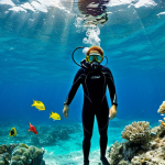An individual in a full diving wetsuit, equipped with a mask, fins, and a snorkel, gracefully exploring the crystal-clear, calm Caribbean waters off the coast of Haiti. The scene features a vibrant and diverse coral reef teeming with colorful tropical fish, with sunlight filtering through the water creating shimmering patterns. A subtle hint of a historical shipwreck is visible in the background, integrated into the reef. Perfect anatomy, correct proportions, natural pose, well-formed hands, proper finger count, natural body proportions, professional underwater photography, high resolution, detailed, sharp focus, serene atmosphere, fully clothed, modest clothing, appropriate attire, safe for work, appropriate content, family-friendly.