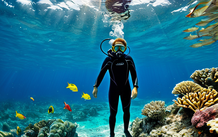 An individual in a full diving wetsuit, equipped with a mask, fins, and a snorkel, gracefully exploring the crystal-clear, calm Caribbean waters off the coast of Haiti. The scene features a vibrant and diverse coral reef teeming with colorful tropical fish, with sunlight filtering through the water creating shimmering patterns. A subtle hint of a historical shipwreck is visible in the background, integrated into the reef. Perfect anatomy, correct proportions, natural pose, well-formed hands, proper finger count, natural body proportions, professional underwater photography, high resolution, detailed, sharp focus, serene atmosphere, fully clothed, modest clothing, appropriate attire, safe for work, appropriate content, family-friendly.