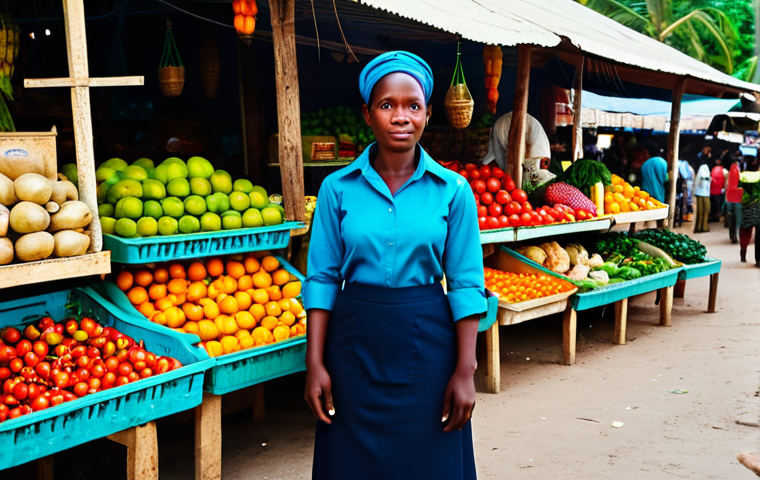 **

"A woman, fully clothed in modest professional attire, stands in a vibrant Haitian marketplace, surrounded by colorful fruits and vegetables, appropriate content, safe for work, perfect anatomy, correct proportions, well-formed hands, natural lighting, professional photography."

**